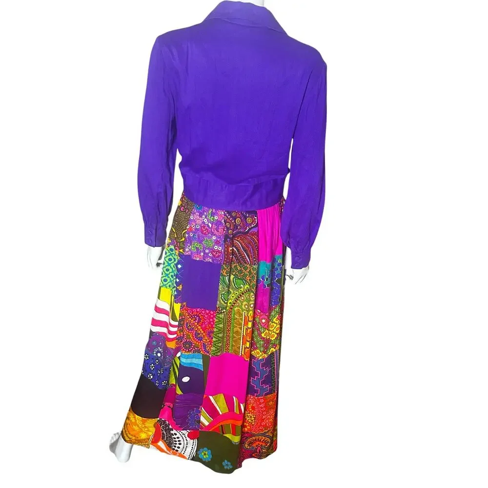 Vtg 1970s Krist Psychedelic Patchwork Maxi Dress Acrylic Barkcloth psychedelic